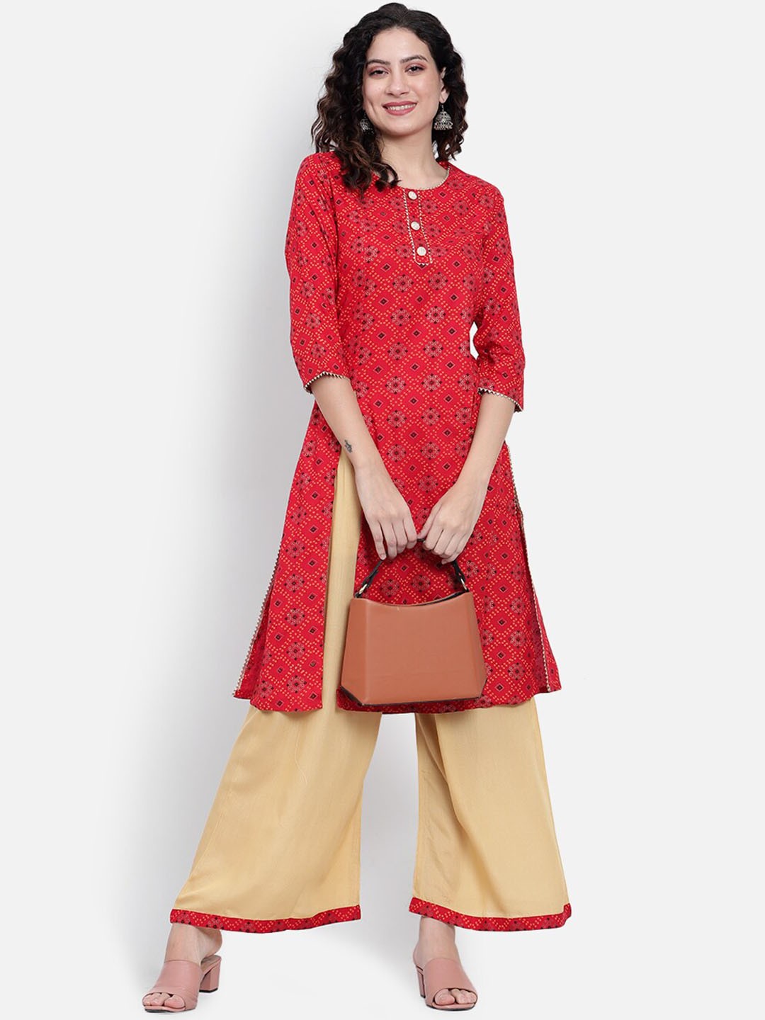 

Rosecloud Women Bandhani Printed Regular Kurta with Palazzos, Red