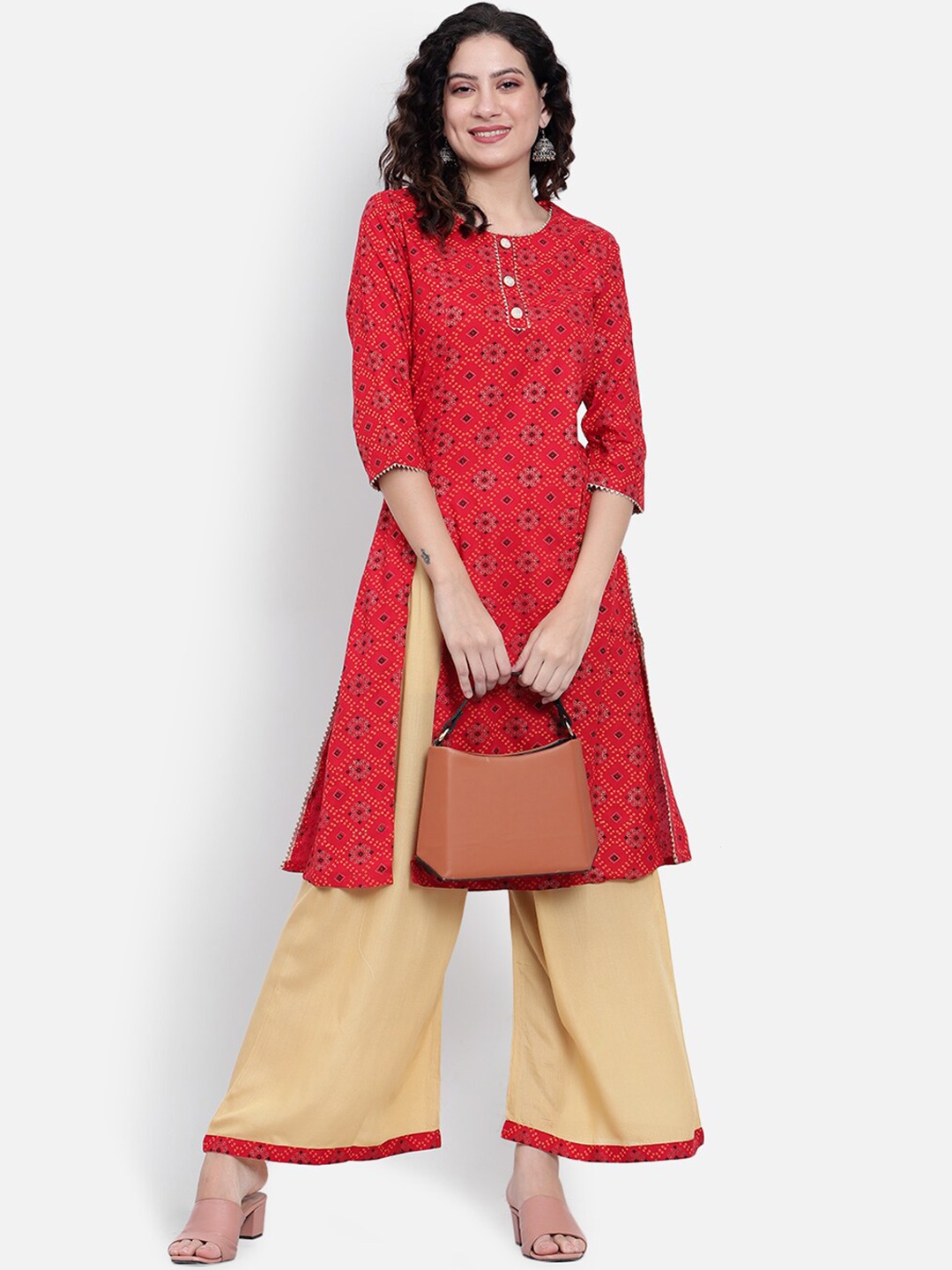 

Rosecloud Women Bandhani Printed Regular Kurta with Palazzos, Red
