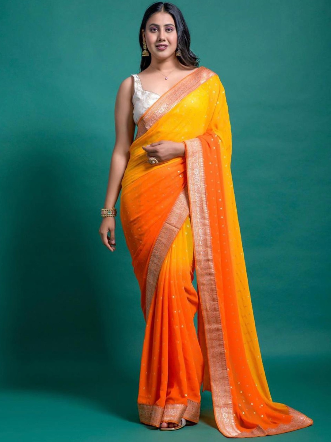 

bansari textiles Ombre Woven Design Zari Pure Georgette Block Print Saree, Yellow