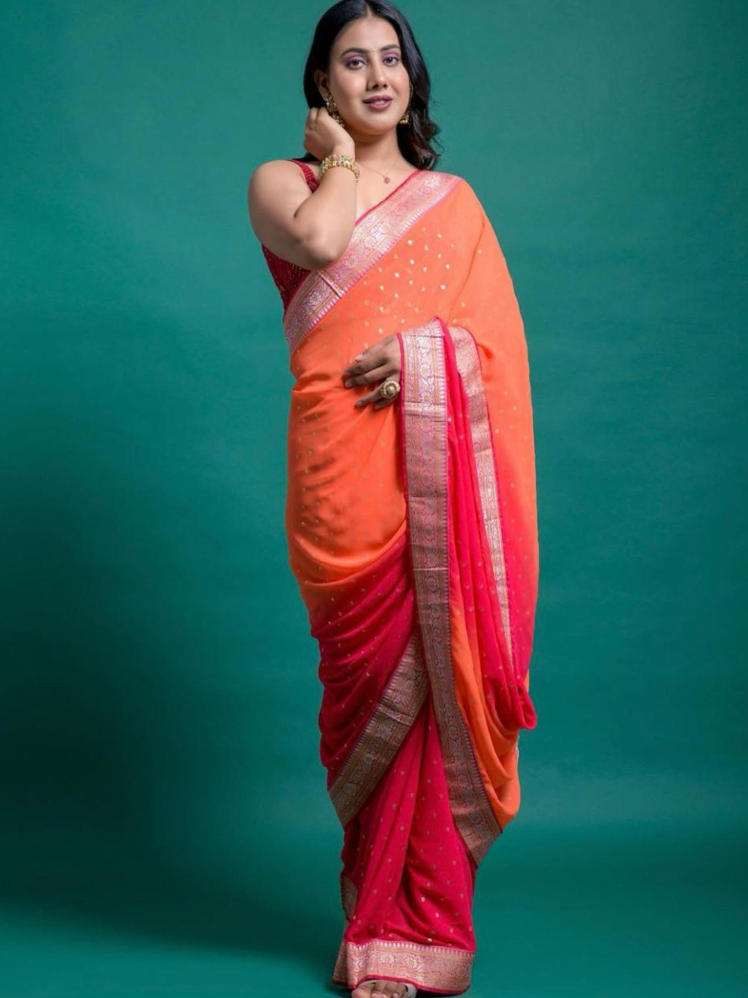 

bansari textiles Ombre Printed Zari Pure Georgette Block Print Saree, Pink