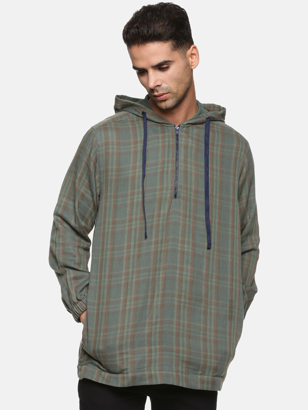 

DON VINO Classic Tartan Checked Hooded Long Sleeves Cotton Casual Shirt, Olive