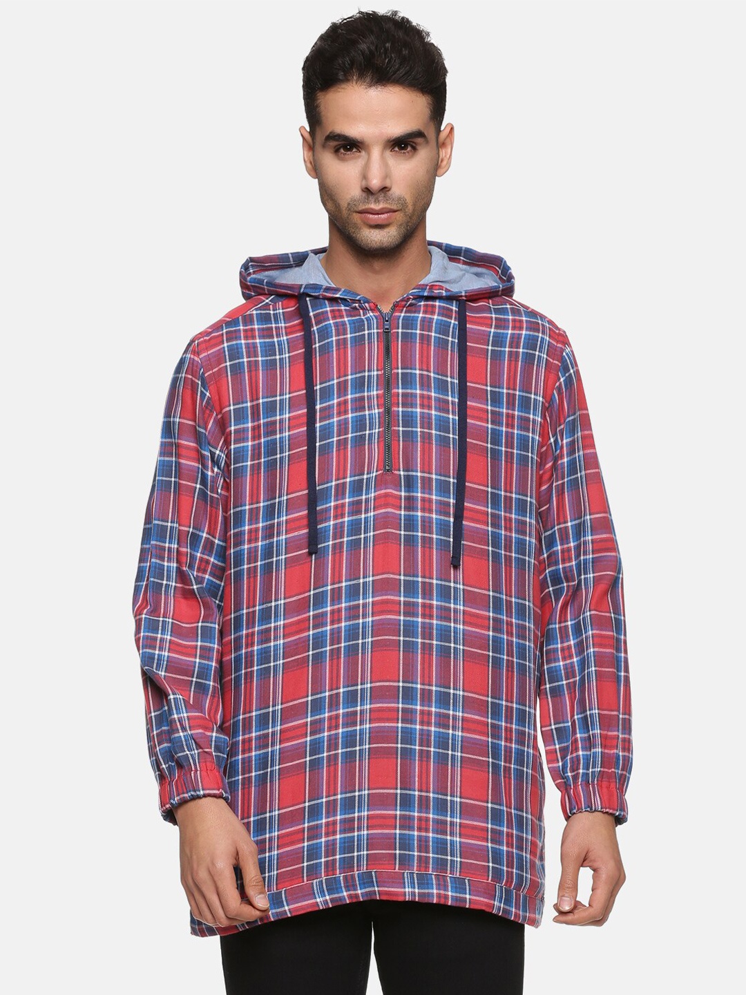 

DON VINO Checked Printed Slim Fit Casual Hoodie Shirt, Red