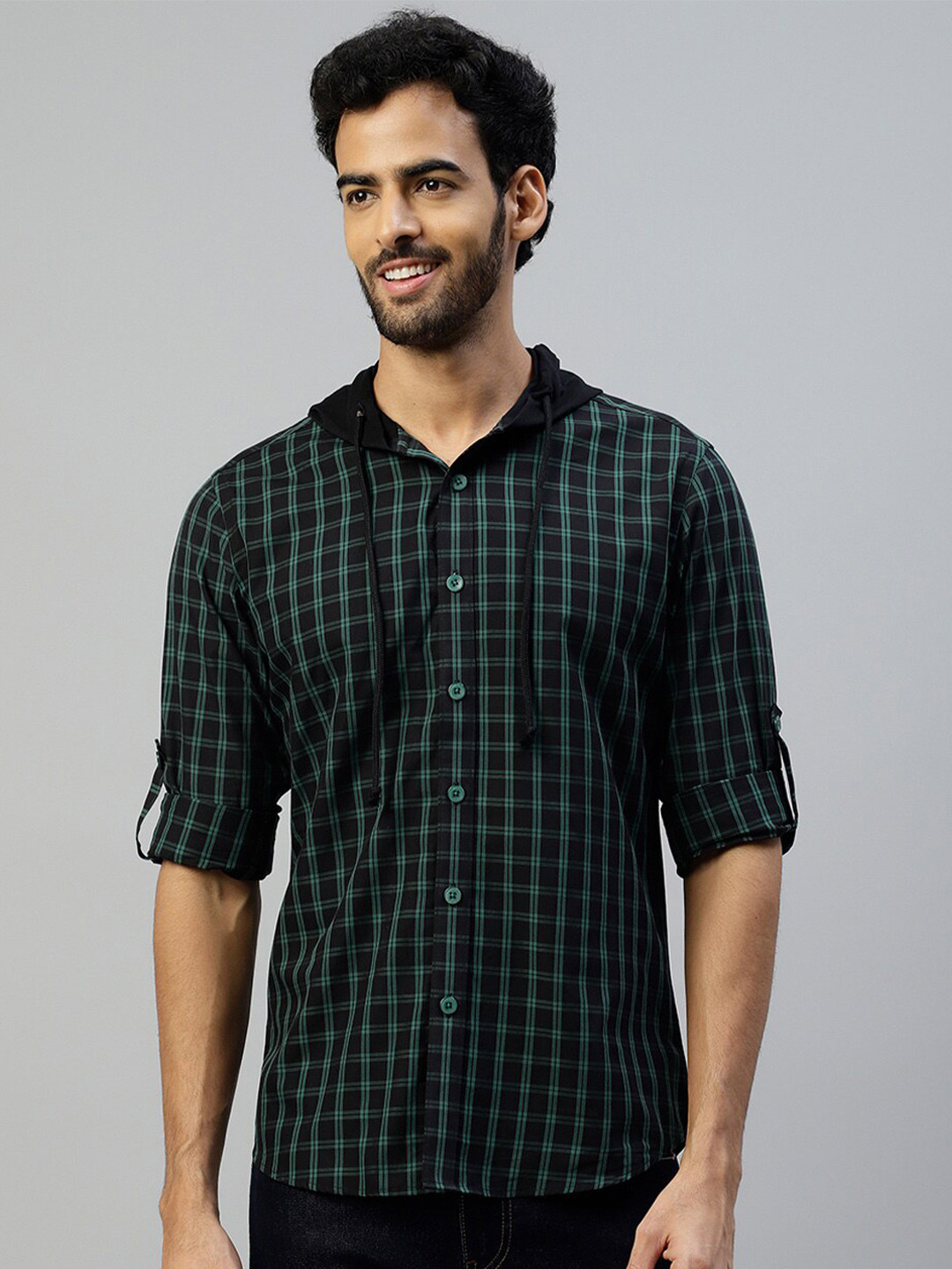 

DON VINO Tartan Checks Printed Slim Fit Casual Hoodie Shirt, Black