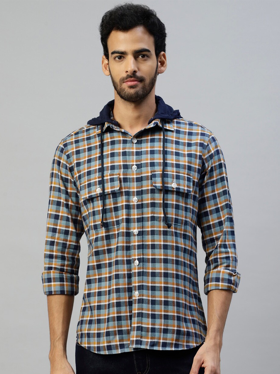 

DON VINO Classic Tartan Checked Hooded Long Sleeves Cotton Casual Shirt, Black