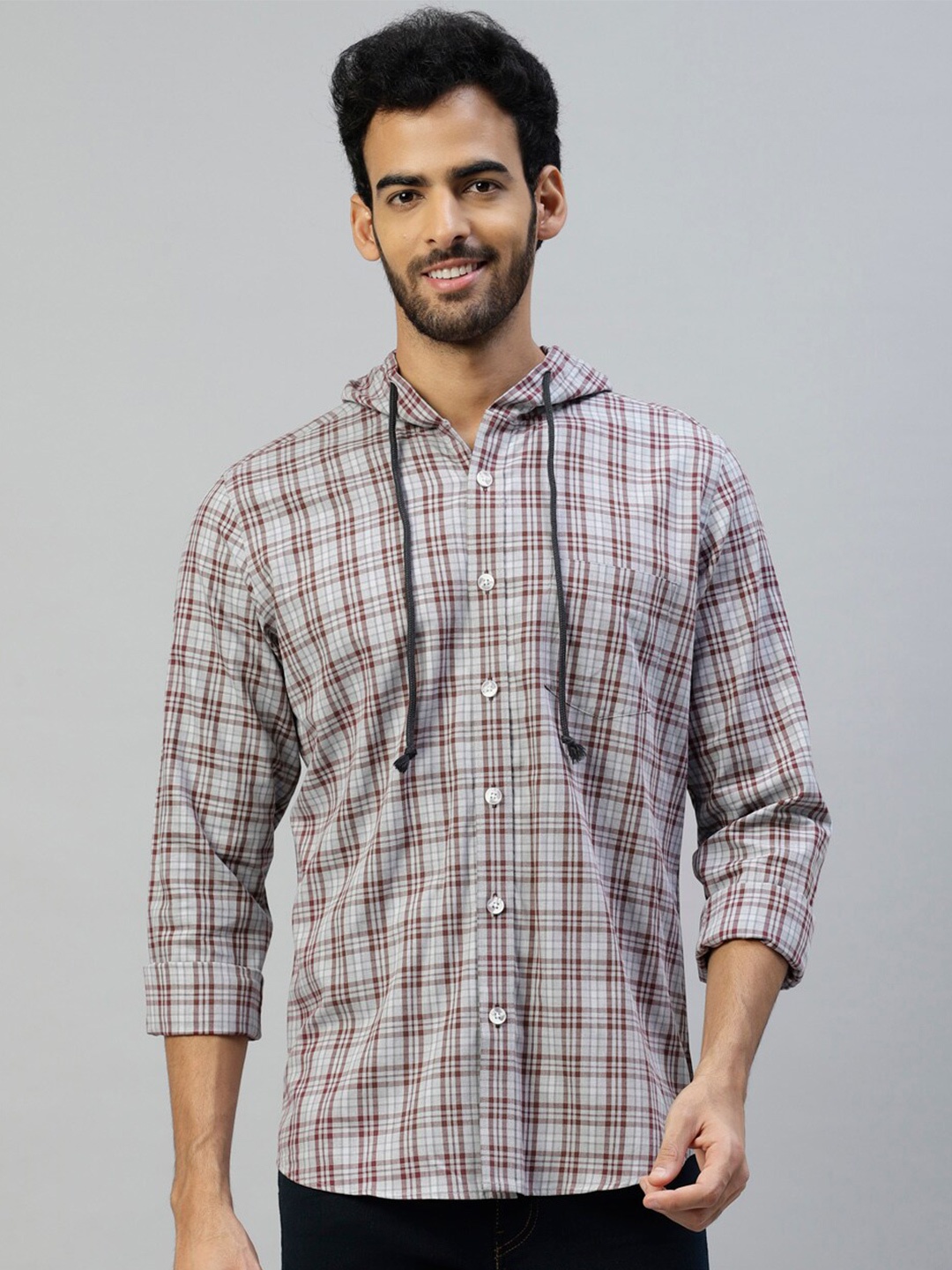 

DON VINO Classic Tartan Checked Hooded Long Sleeves Cotton Casual Shirt, Grey