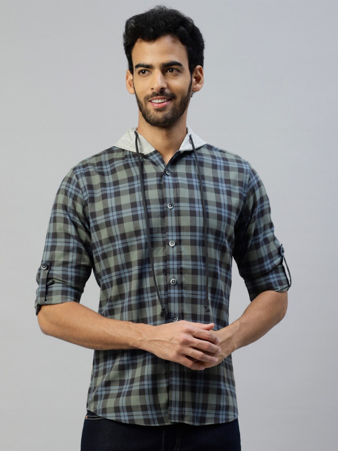 

DON VINO Tartan Checks Printed Slim Fit Casual Hoodie Shirt, Green