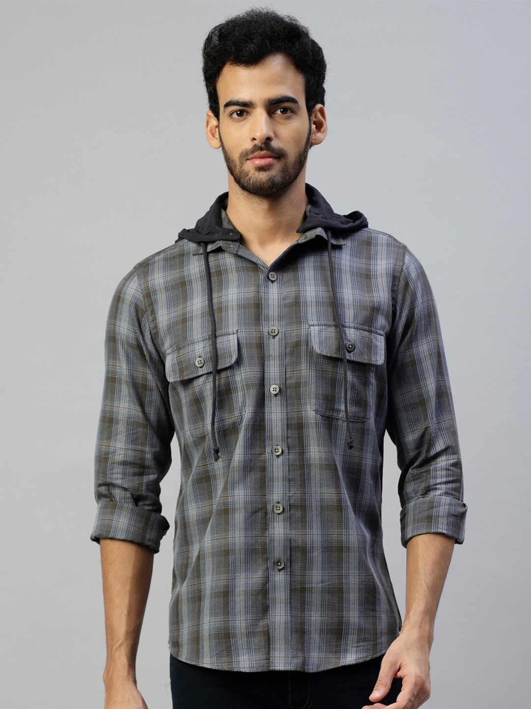 

DON VINO Classic Tartan Checked Hooded Long Sleeves Cotton Casual Shirt, Black