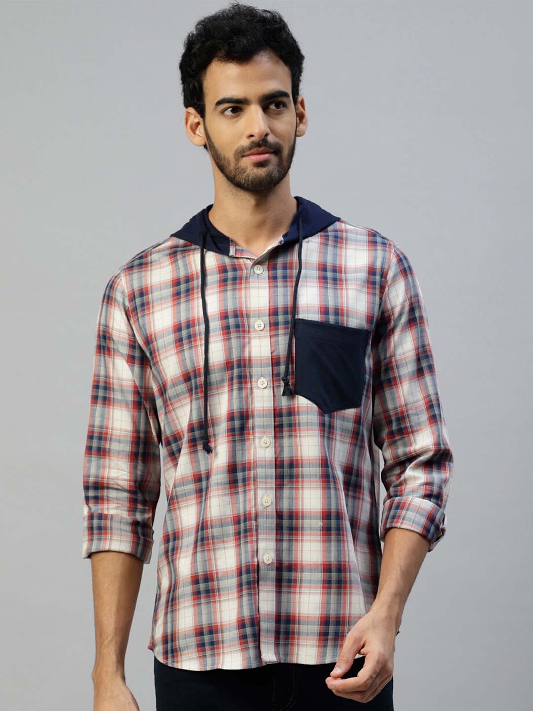 

DON VINO Classic Tartan Checked Hooded Long Sleeves Cotton Casual Shirt, Black