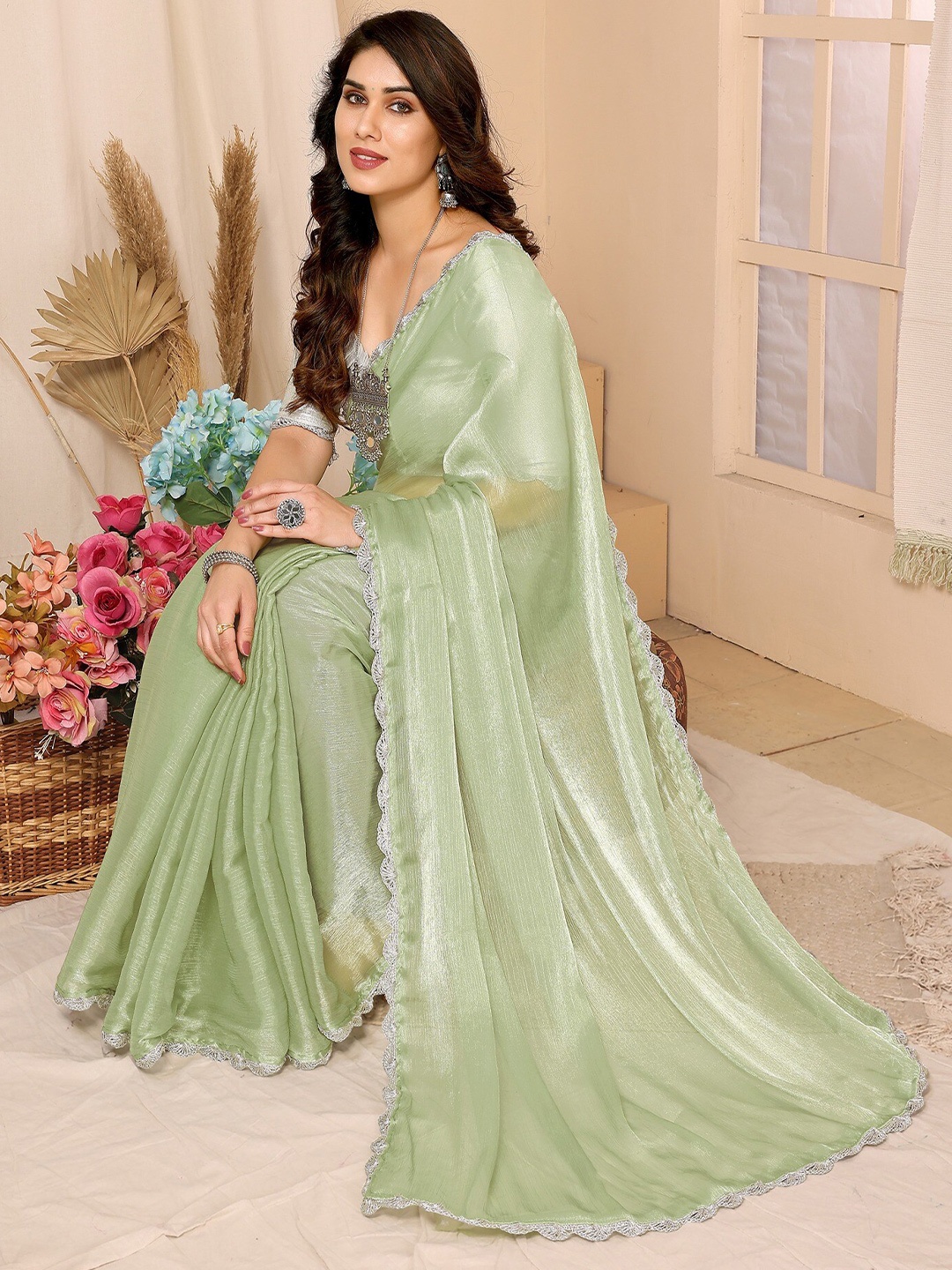 

FABMORA Embellished Embroidered Saree, Green