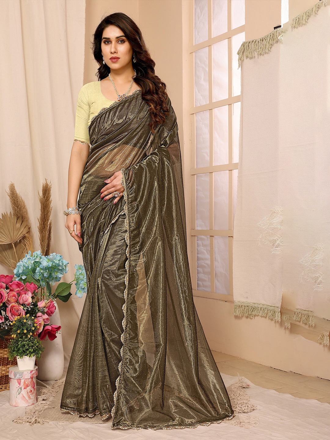 

FABMORA Embellished Beads and Stones Net Saree, Brown