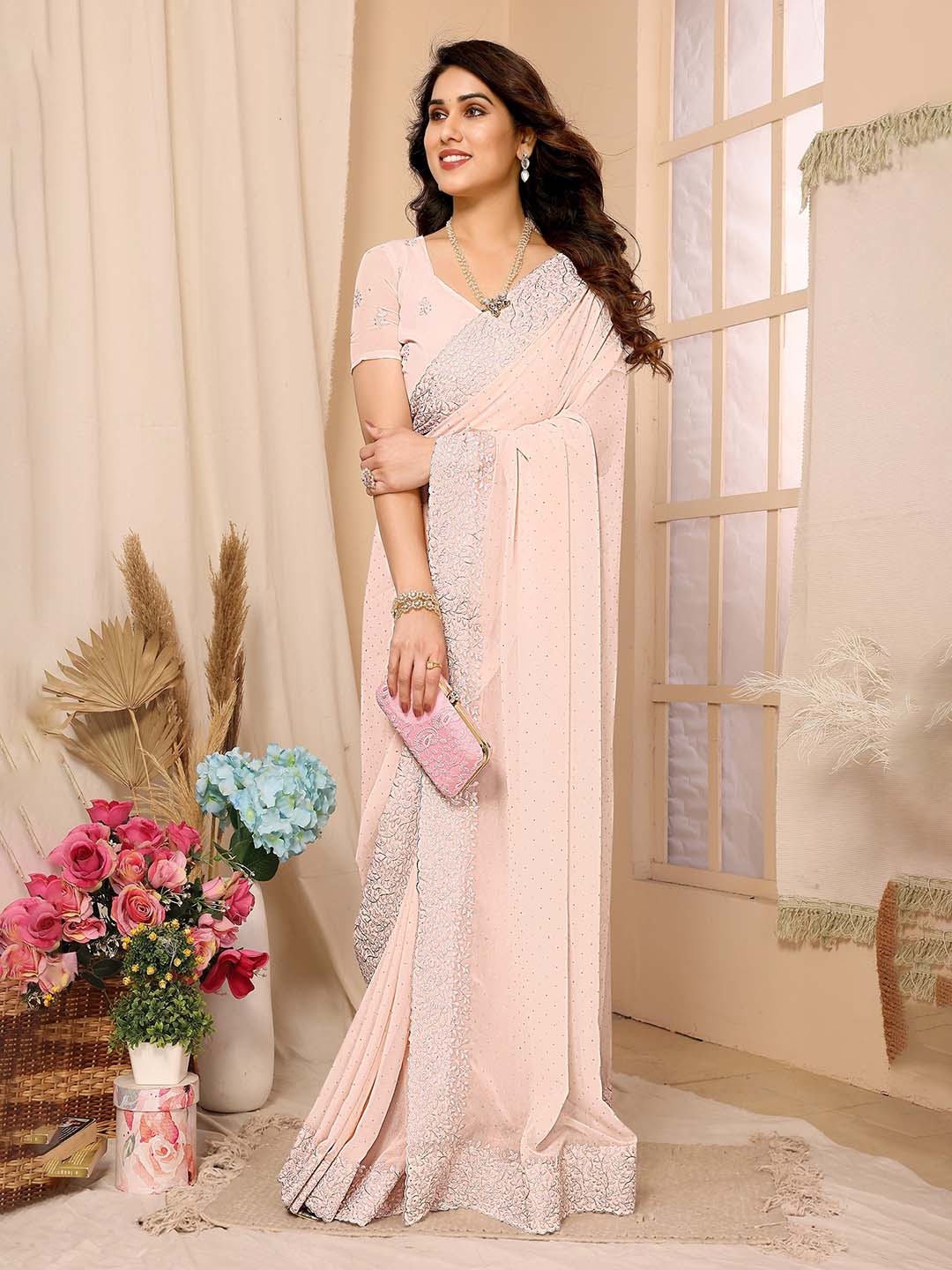 

FABMORA Embellished Beads and Stones Saree, Peach