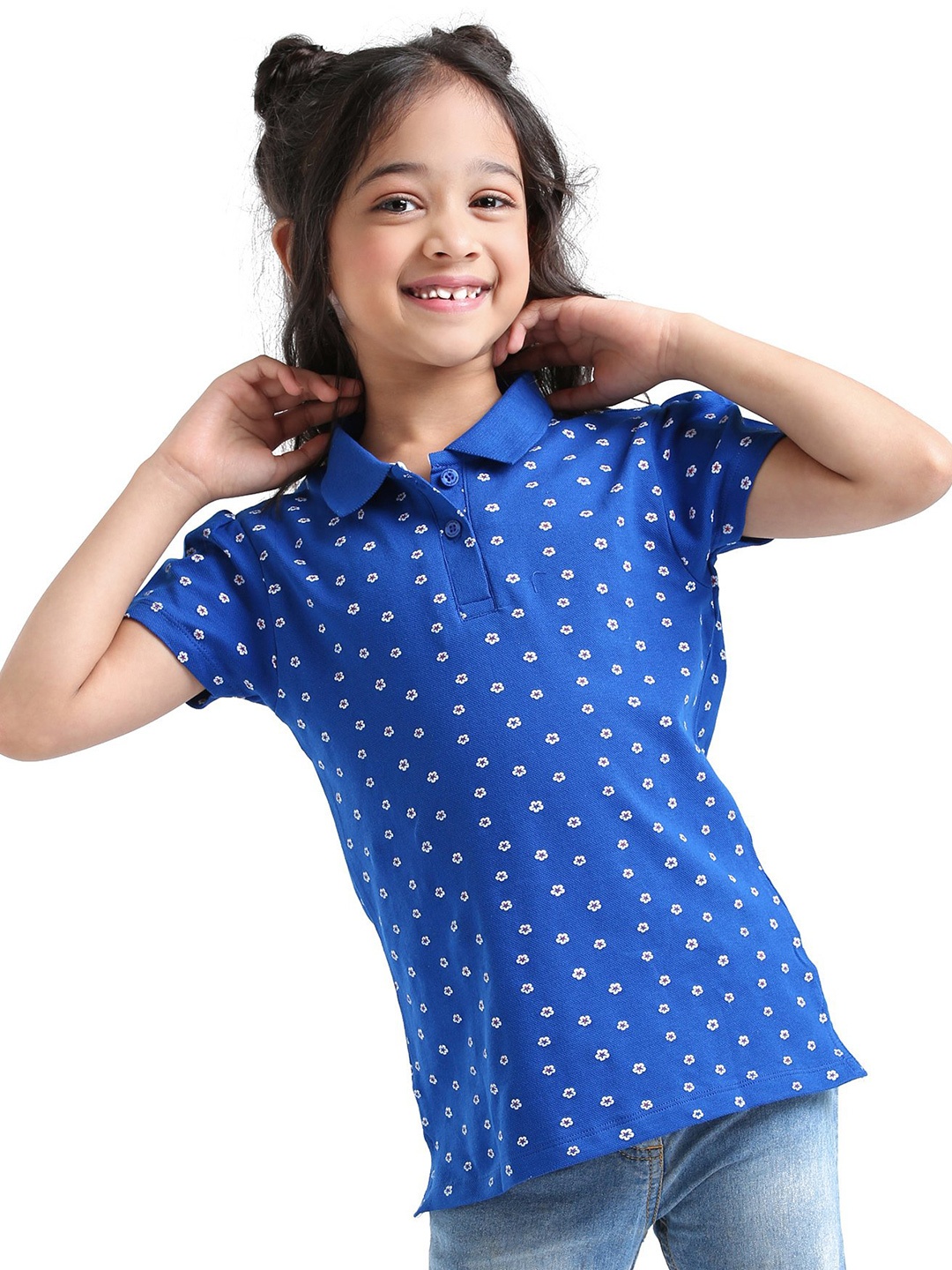 

Honeyhap Girls Floral Printed Polo Collar Cotton Casual T-shirt, Blue
