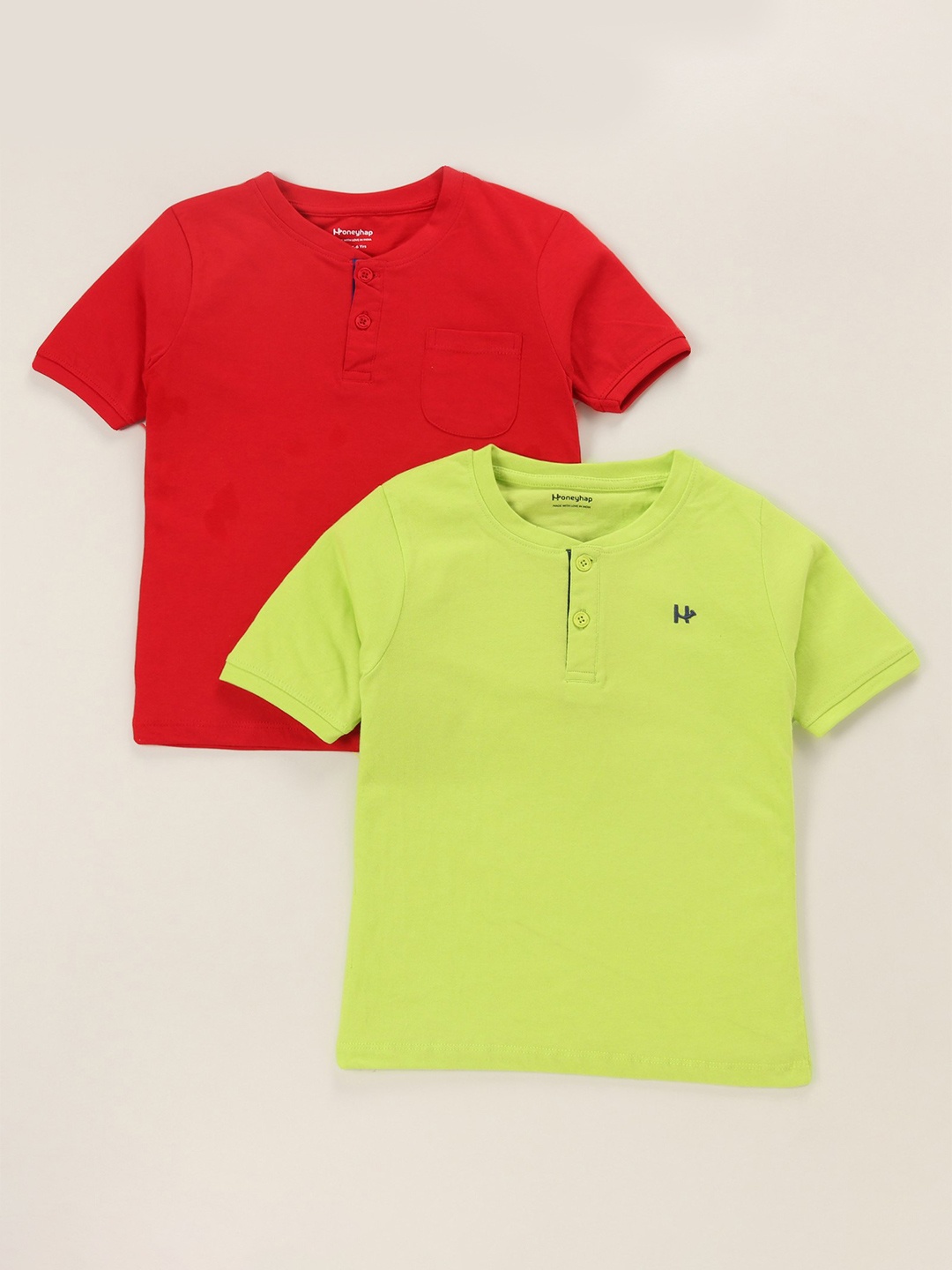 

Honeyhap Boys Pack Of 2 Henley Neck Short Sleeves Cotton Knitted T-shirt, Red