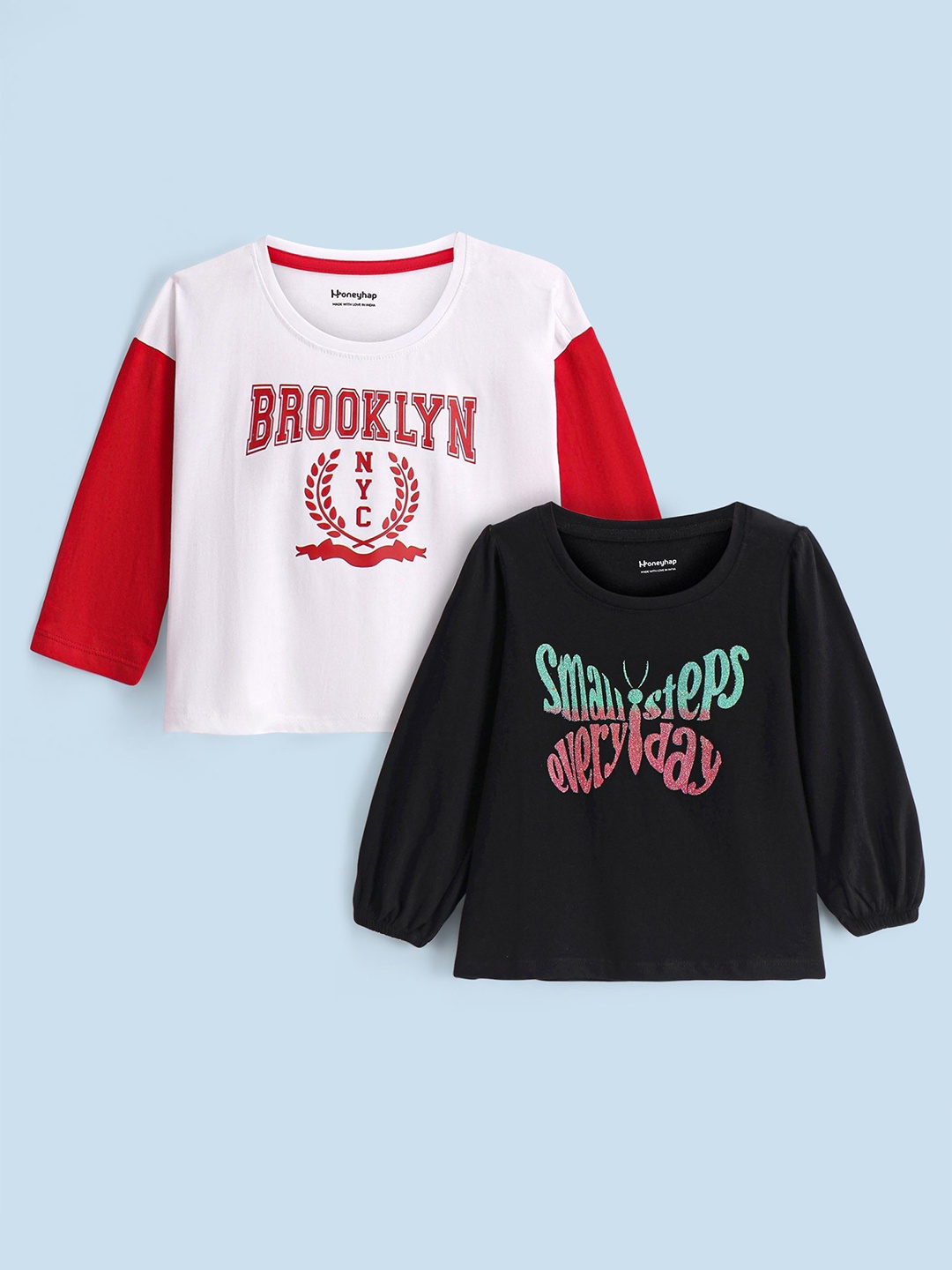 

Honeyhap Girls Pack Of 2 Typography Printed Cotton Knitted T-shirt, White