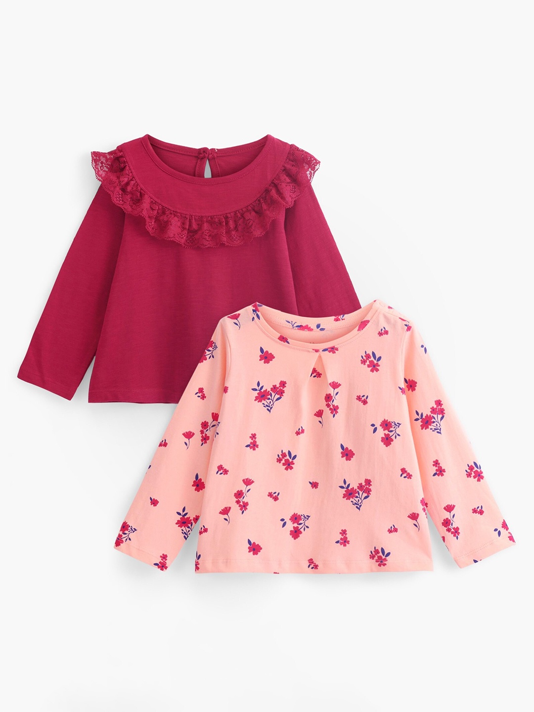 

Honeyhap Girls Pack Of 2 Floral Printed Round Neck Cotton Knitted T-shirt, Pink