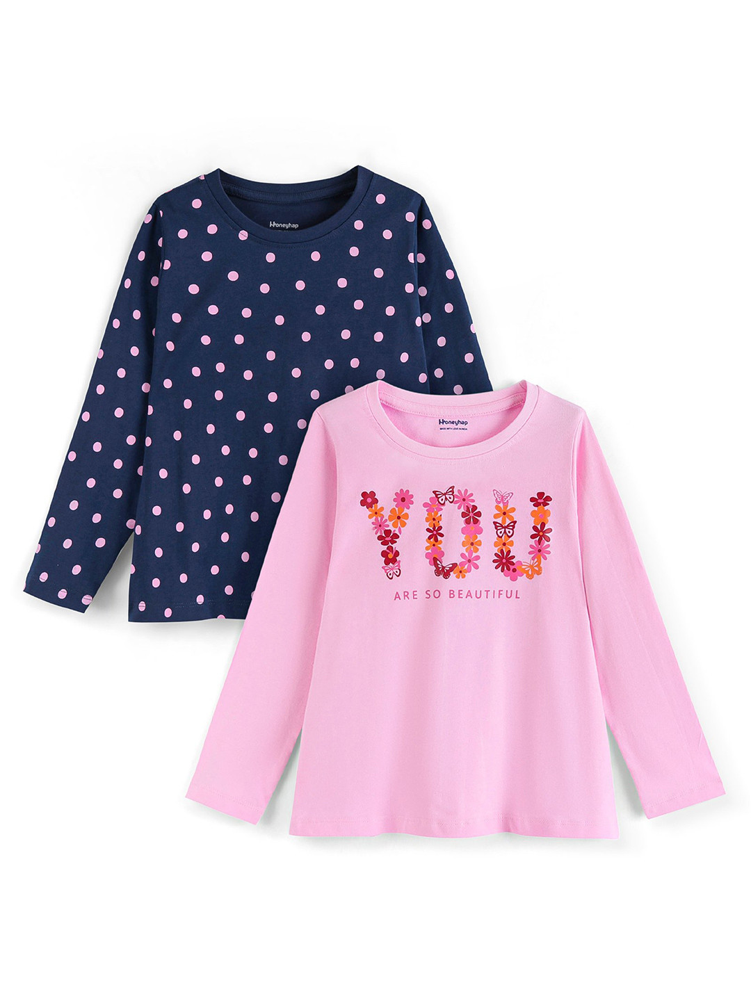 

Honeyhap Girls Pack Of 2 Typography Printed Round Neck Cotton Knitted T-shirt, Navy blue