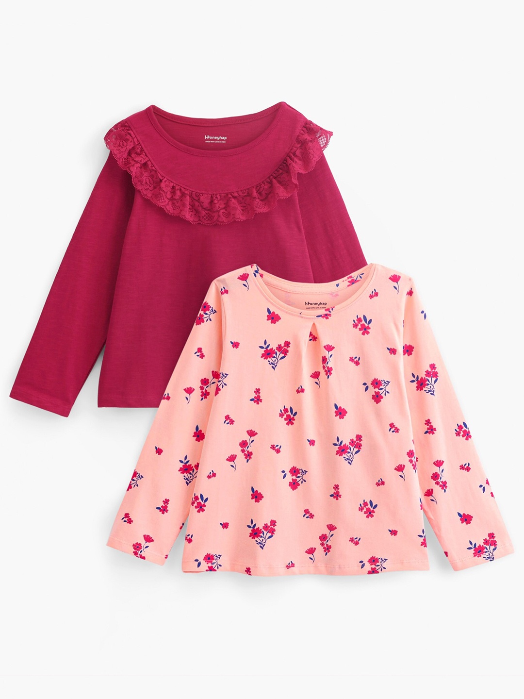 

Honeyhap Girls Pack Of 2 Floral Printed Round Neck Cotton Knitted T-shirt, Pink