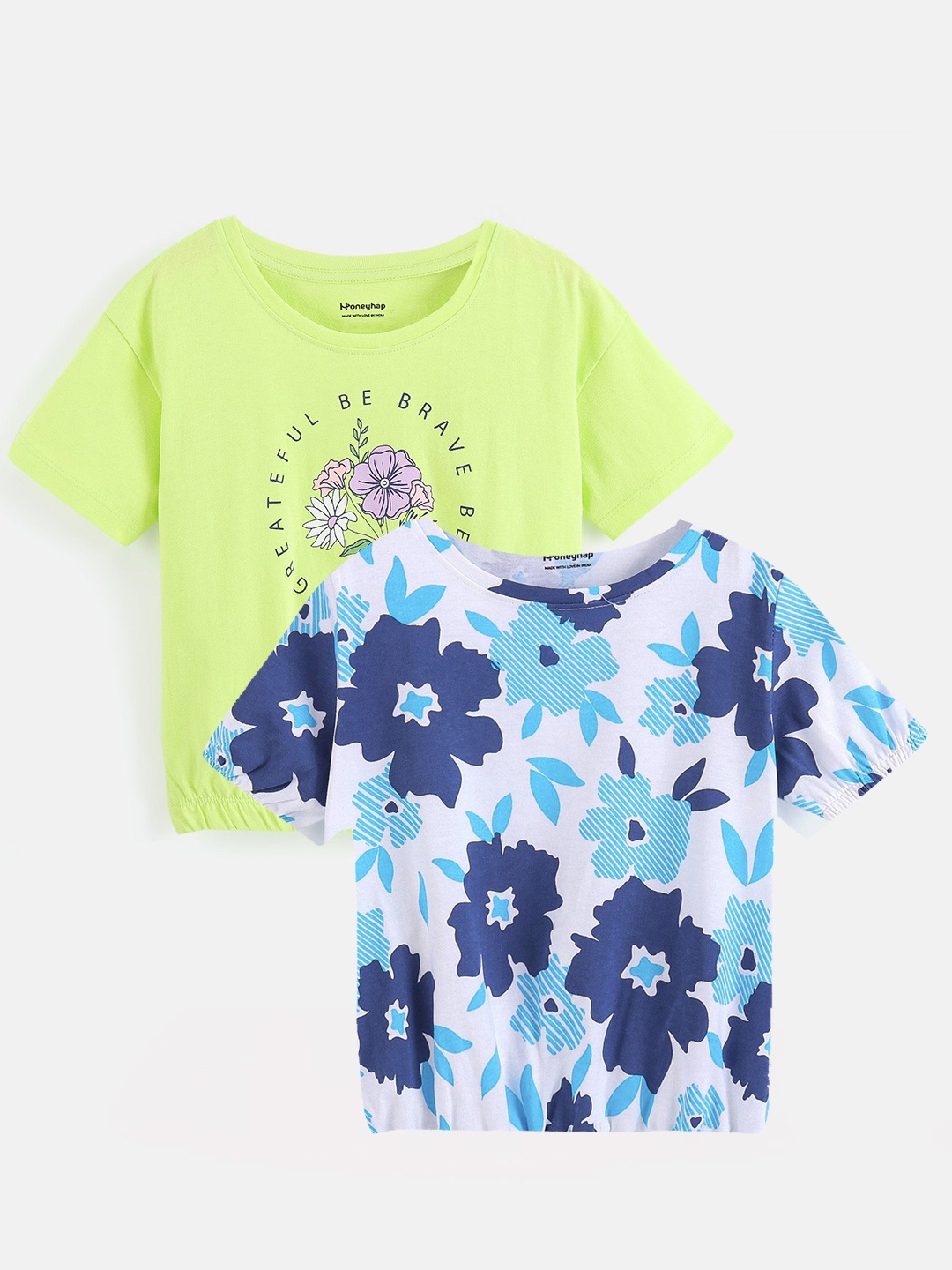 

Honeyhap Girls Pack of 2 Conversational Printed Cotton T-shirt, White