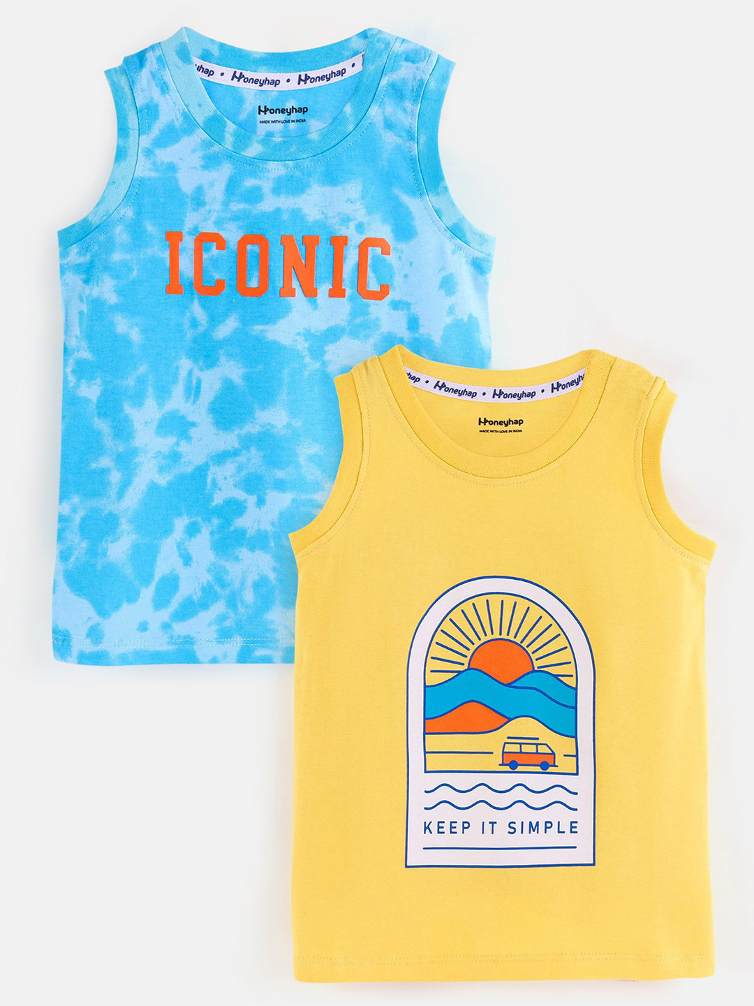 

Honeyhap Boys Pack Of 2 Typography Printed Cotton Sleeveless T-shirt, Yellow