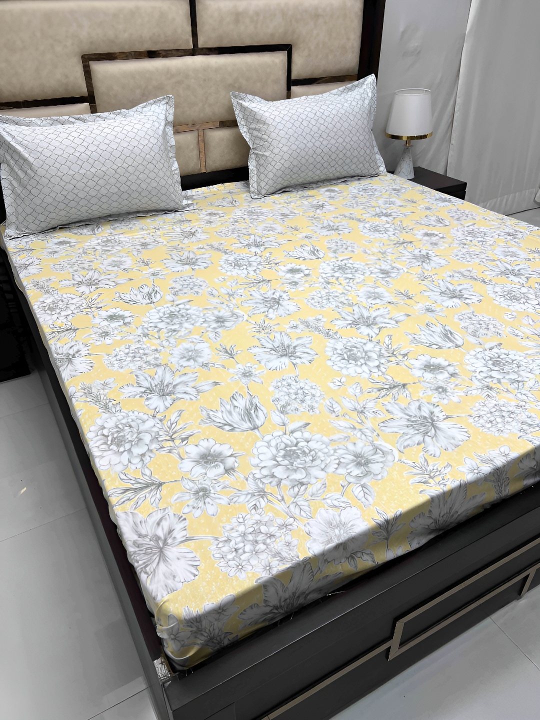 

Pure Decor Yellow & Grey Floral Printed 400 TC King Bedsheet Set