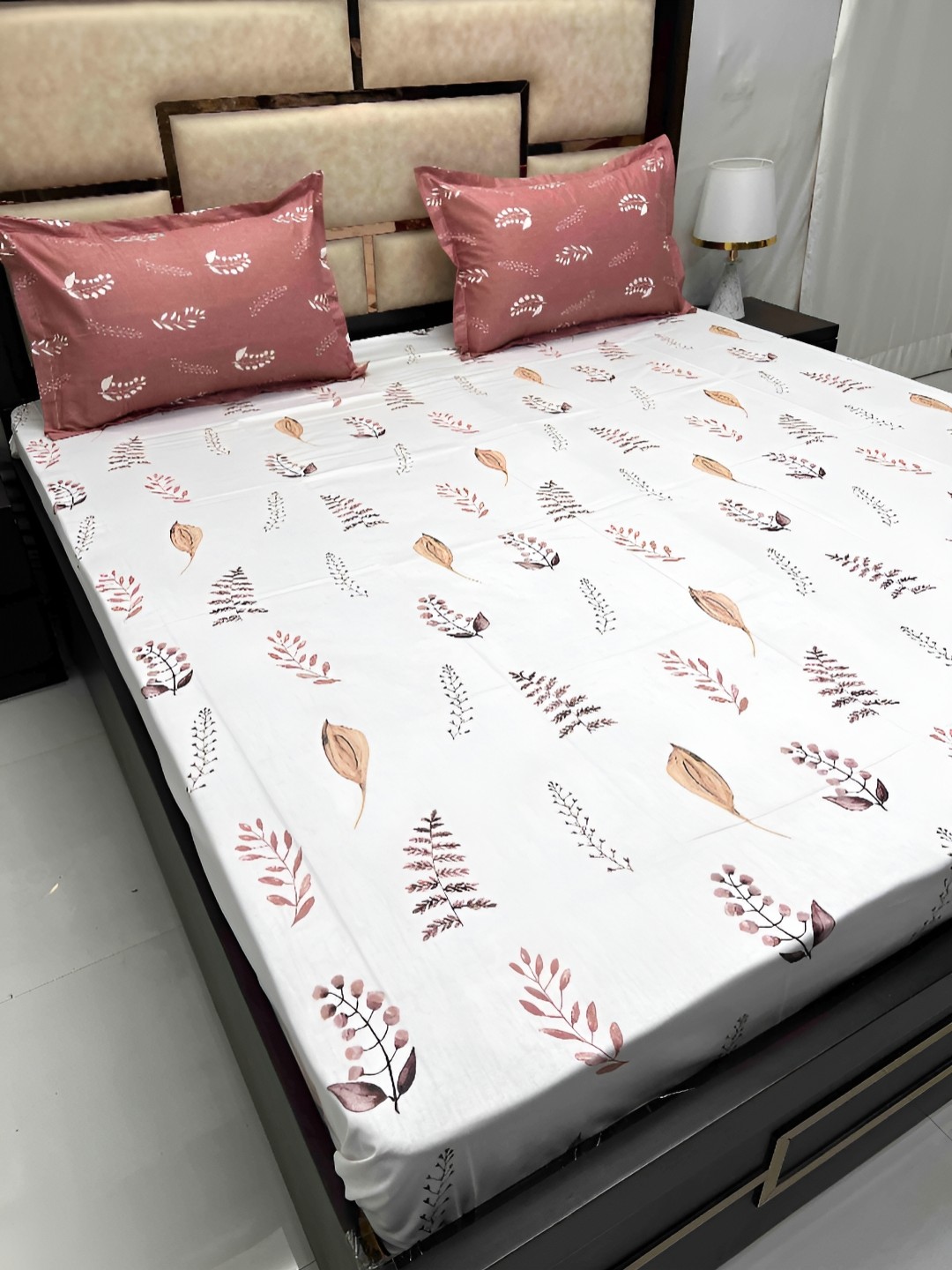

Pure Decor White & Brown Floral Printed 400 TC King Bedsheet Set