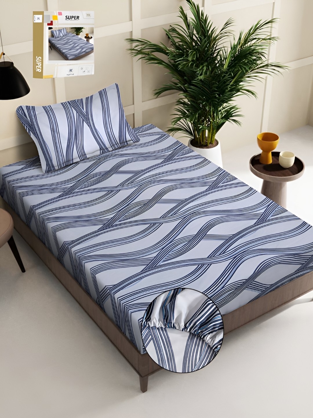 

KLOTTHE Blue & Grey Abstract Printed 300 TC Single Bed Fitted Bedsheet With 1 Pillow Cover