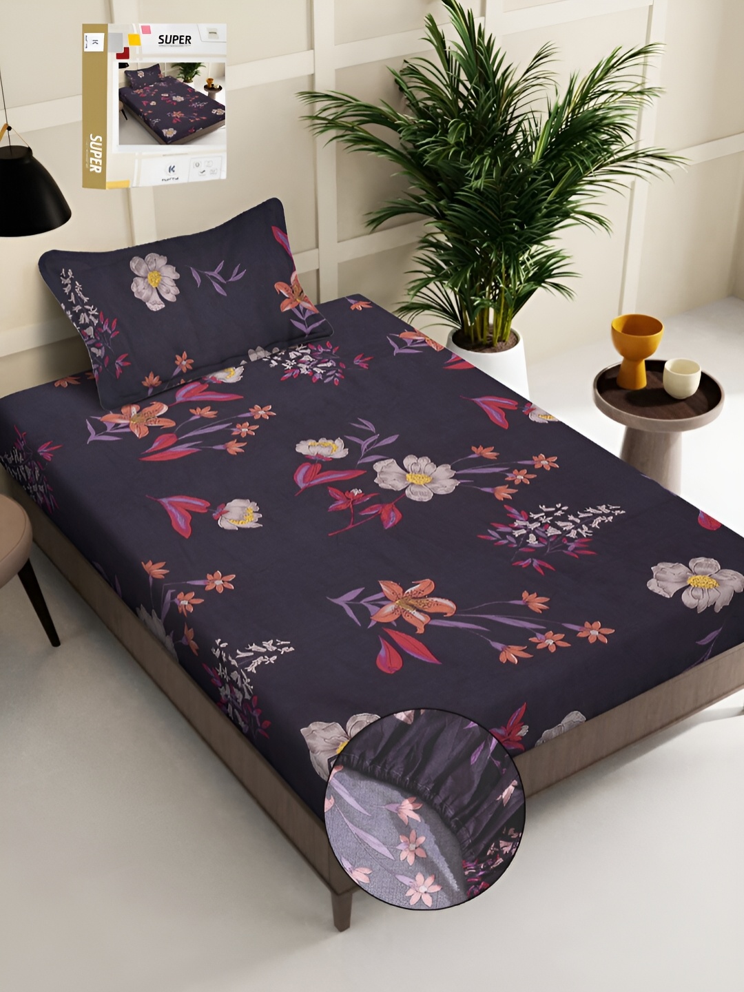 

KLOTTHE Navy Blue & Pink Floral Printed 300 TC Single Bedsheet with Pillow Cover