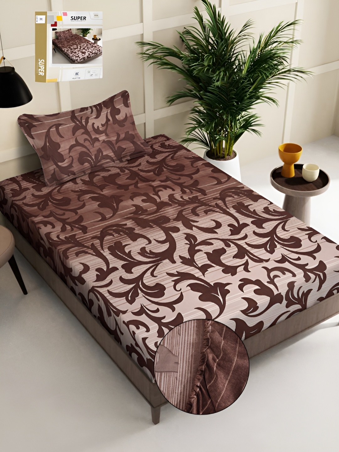 

KLOTTHE Brown & Beige Floral Printed 300 TC Single Bed Fitted Bedsheet With 1 Pillow Cover