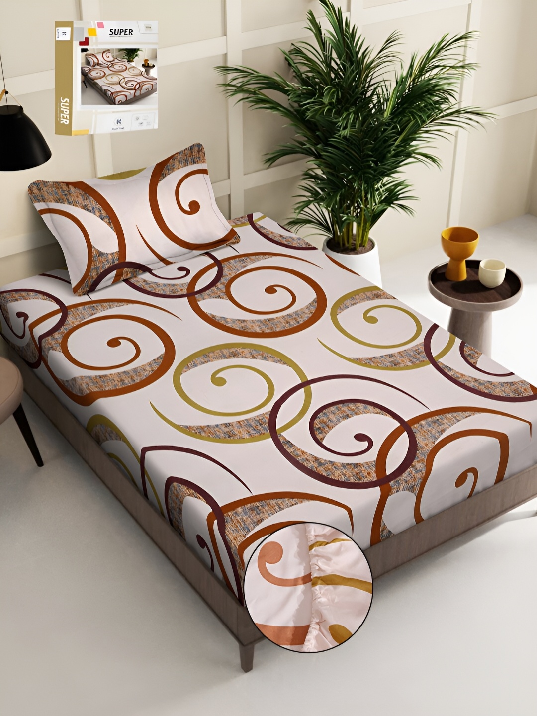 

KLOTTHE Beige & Brown Geometric Printed 300 TC Fitted Single Bedsheet with Pillow Cover