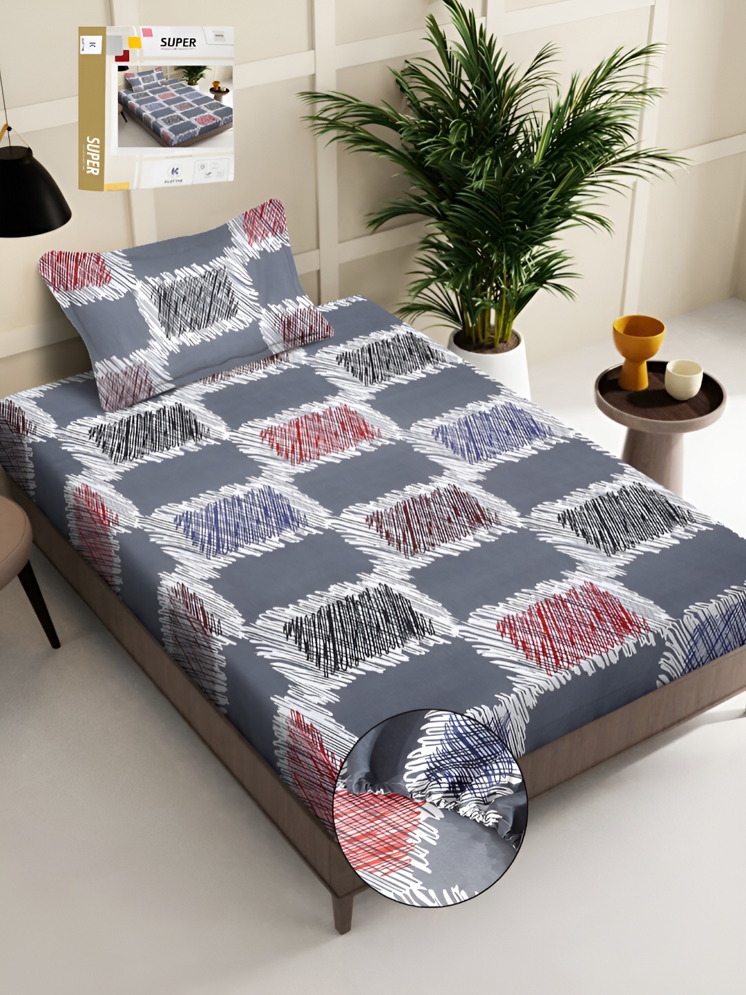 

KLOTTHE Blue & Red Geometric 300 TC Single Bed Fitted Bedsheet With 1 Pillow Cover