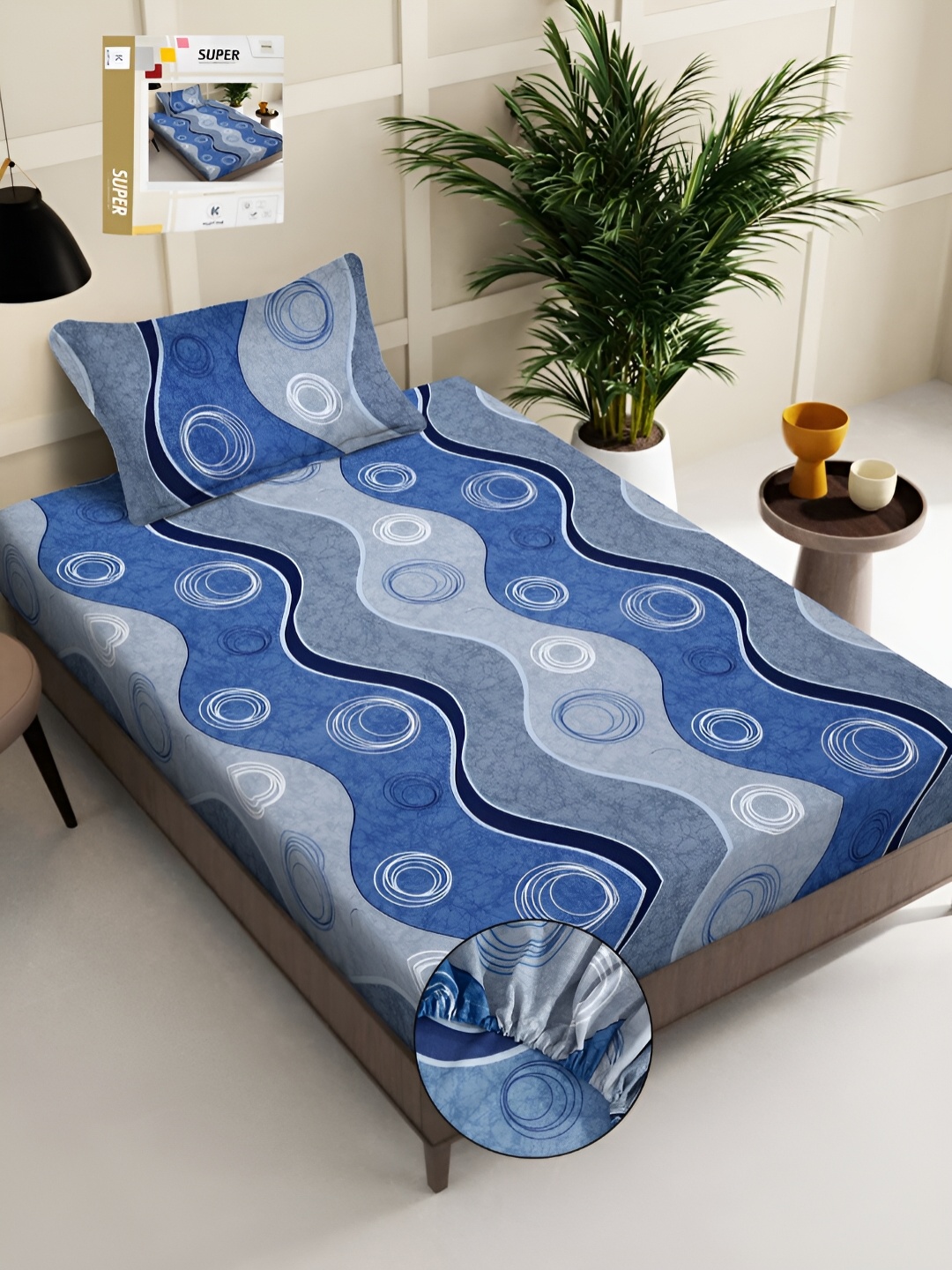 

KLOTTHE Blue & Grey Printed 300 TC Fitted Single Bed Fitted Bedsheet with Pillow Cover