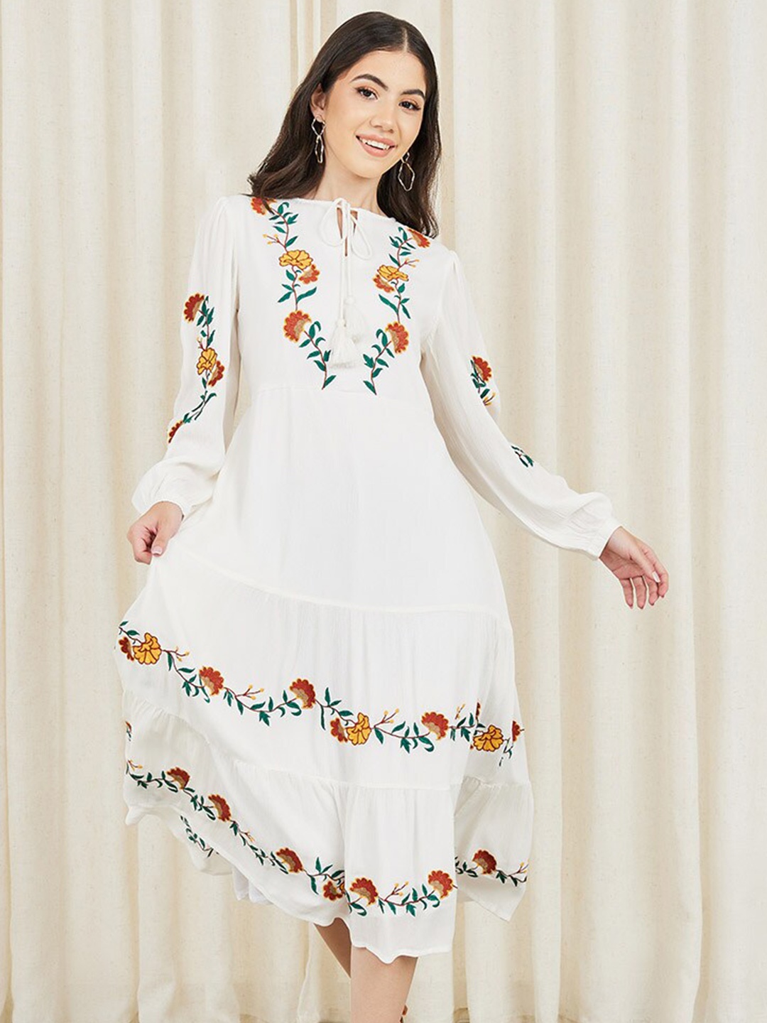 

Styli Floral Embroidered Tie-Up Neck Bell Sleeve A-Line Midi Dress, Off white