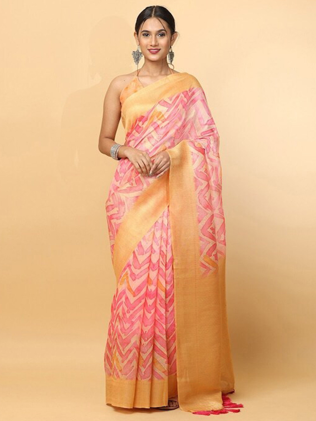 

PATLIPALLU Zari Geometric Printed Banarasi Saree, Pink