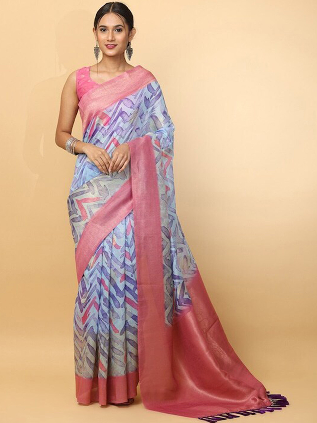 

PATLIPALLU Zari Geometric Printed Banarasi Saree, Blue
