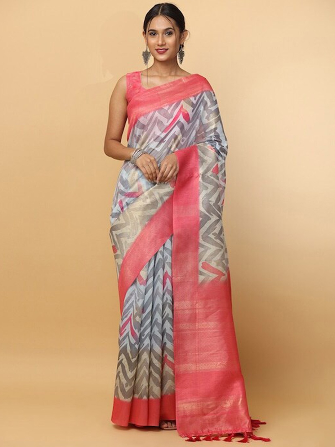 

PATLIPALLU Zari Geometric Printed Banarasi Saree, Grey