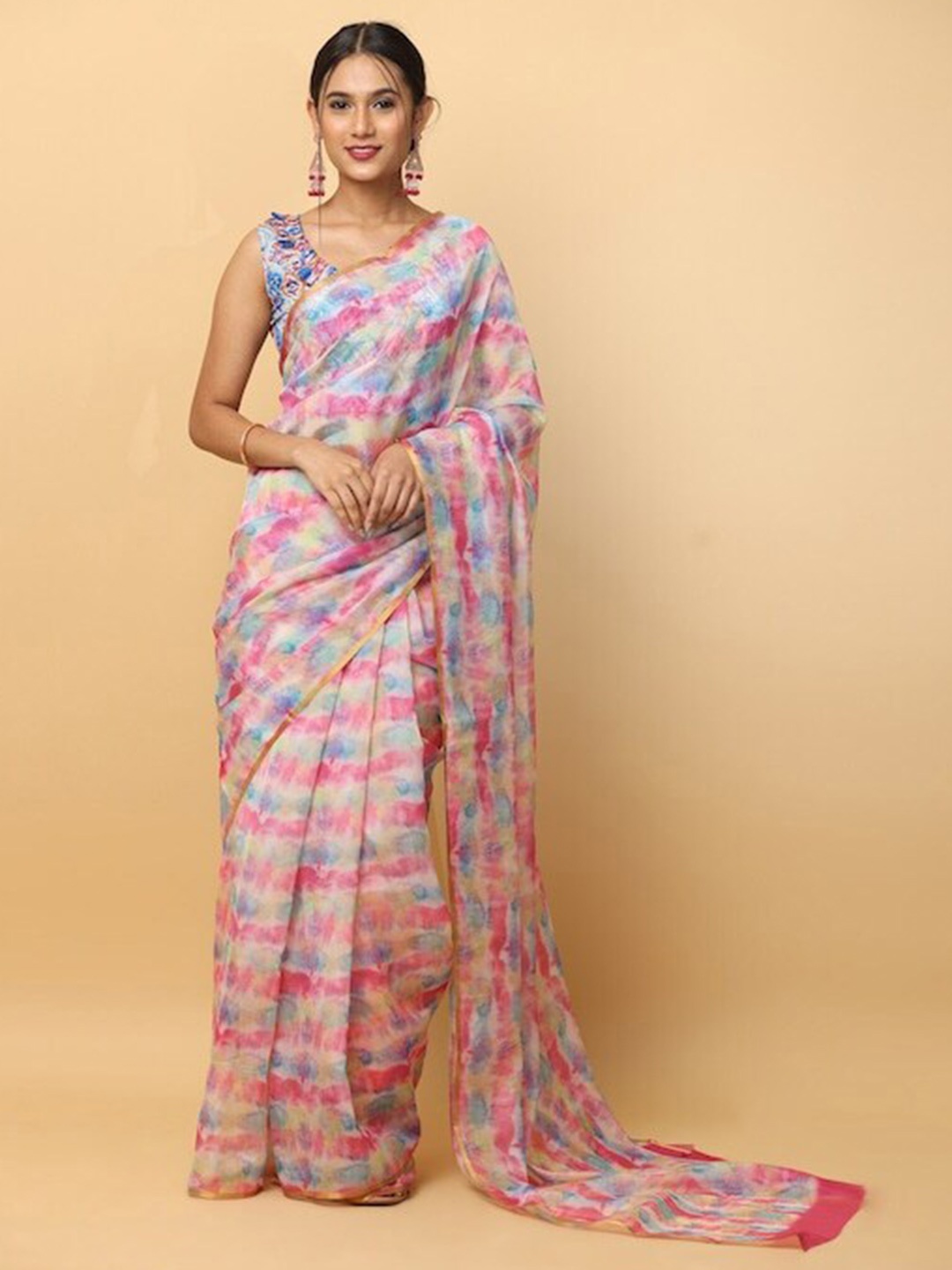 

PATLIPALLU Tie and Dye Zari Chanderi Saree, Pink