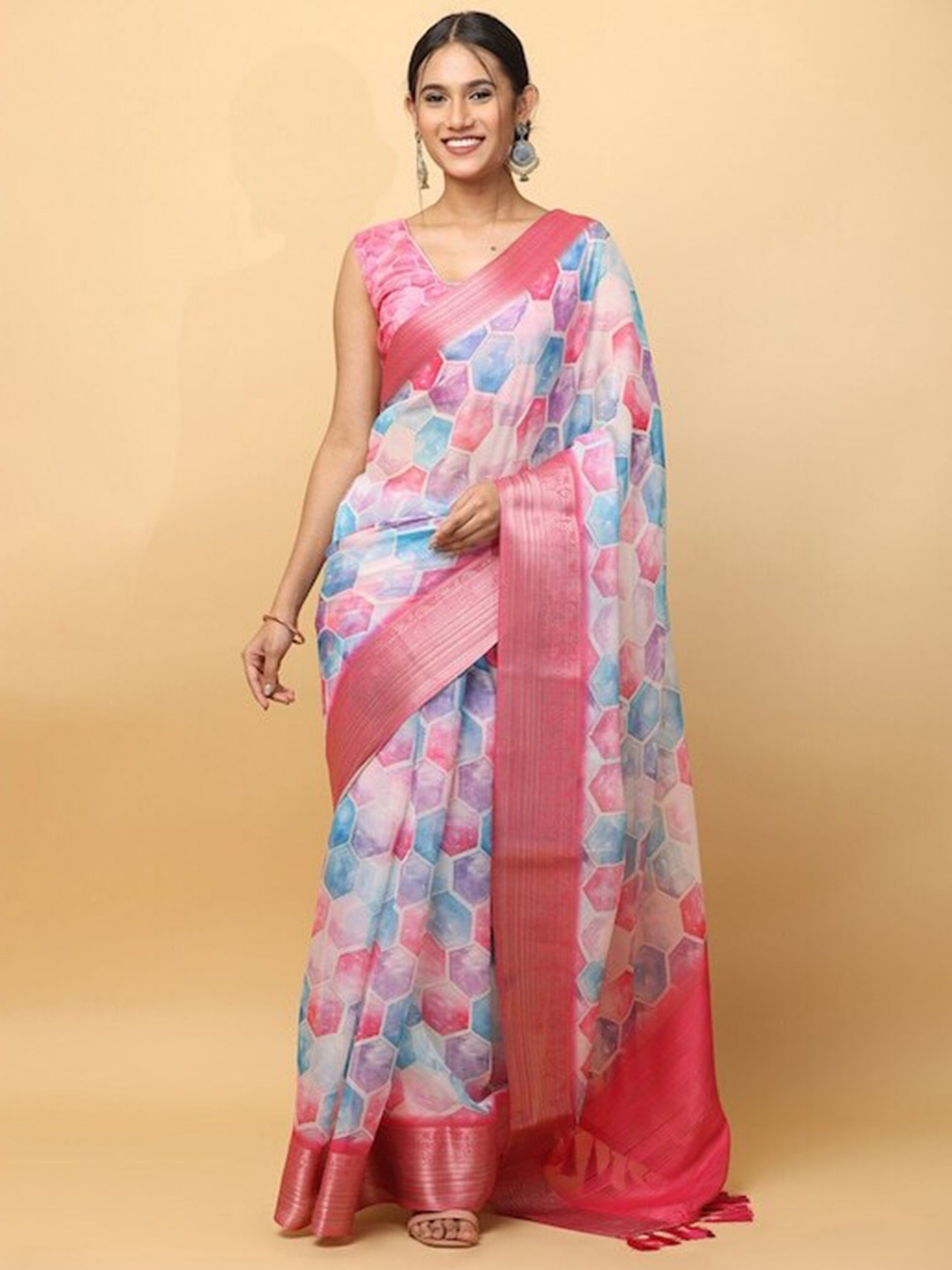 

PATLIPALLU Tie and Dye Zari Organza Saree, Pink