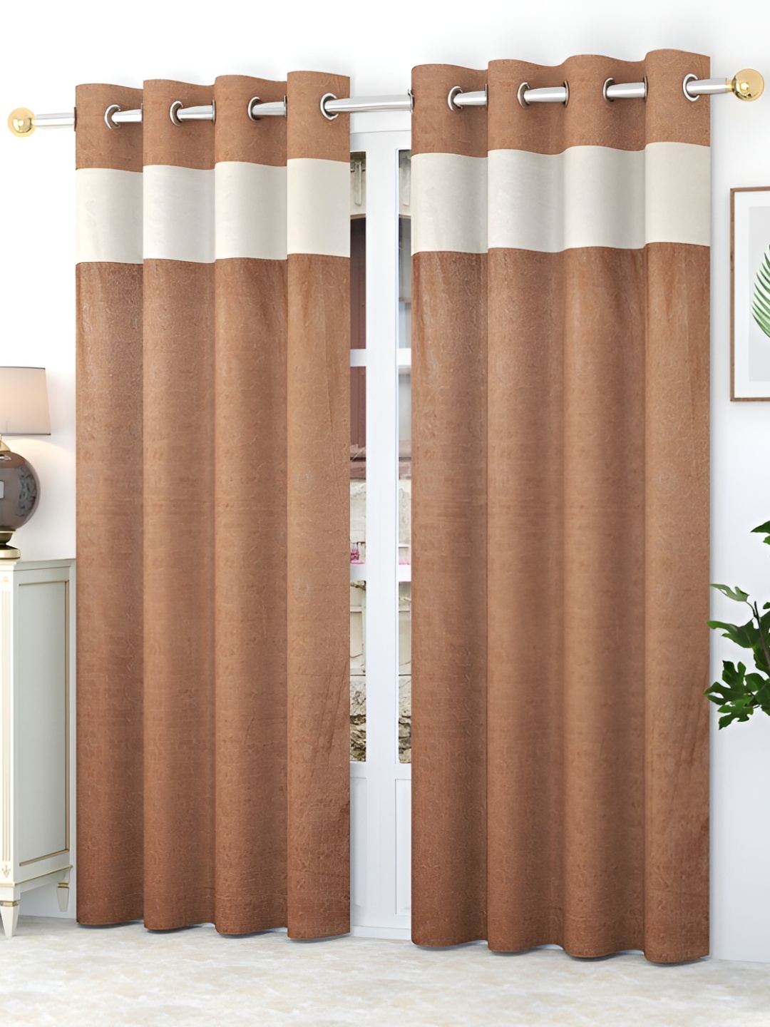

HOMECRUST Camel Brown 2 Pieces Geometric Eyelet Room Darkening Door Curtain