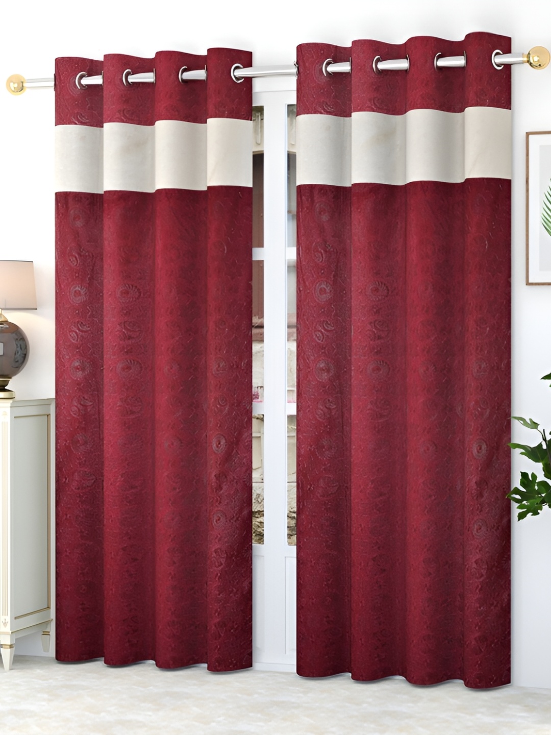 

HOMECRUST Maroon & Cream 2 Pieces Floral Room Darkening Door Curtains