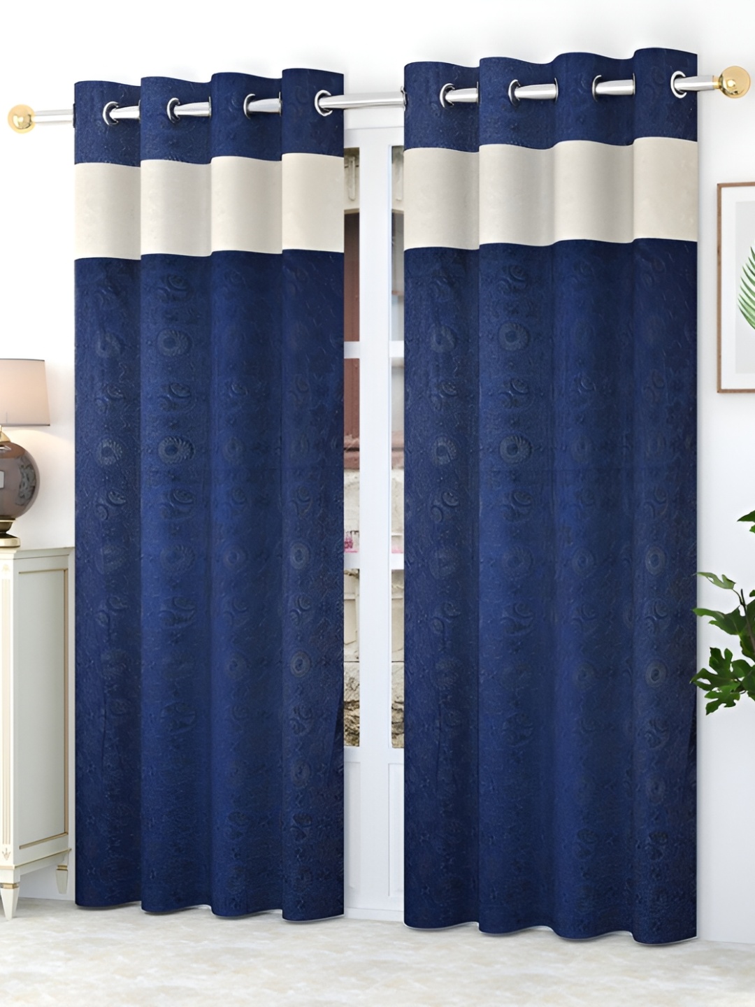 

HOMECRUST Navy Blue 2 Pieces Geometric Eyelet Room Darkening Door Curtain