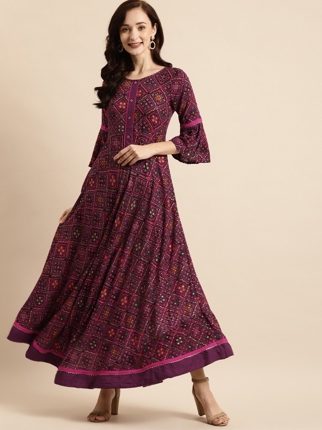 

all about you Magenta & Purple Ethnic Motifs Printed Bell Sleeve Liva Maxi Dress