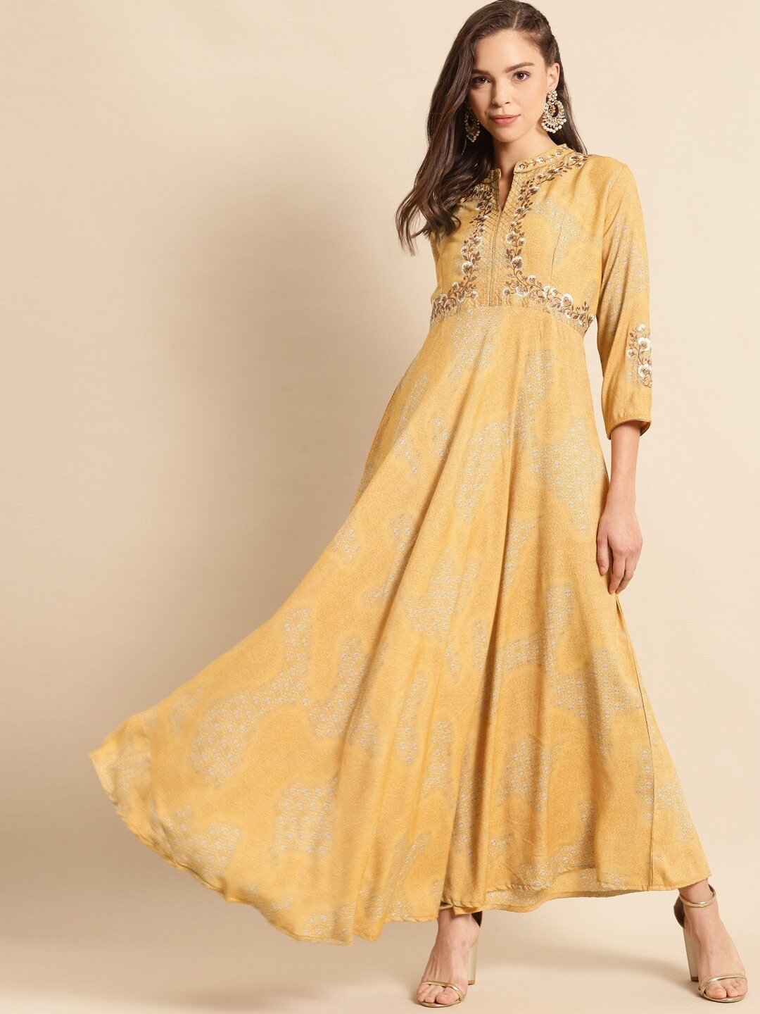 

all about you Floral Printed Notch Neck Embroidered Liva Maxi Dress, Yellow