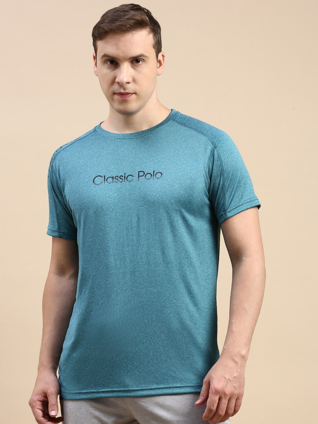 Classic Polo Men Typography Printed Round Neck Slim Fit T-shirt, Teal