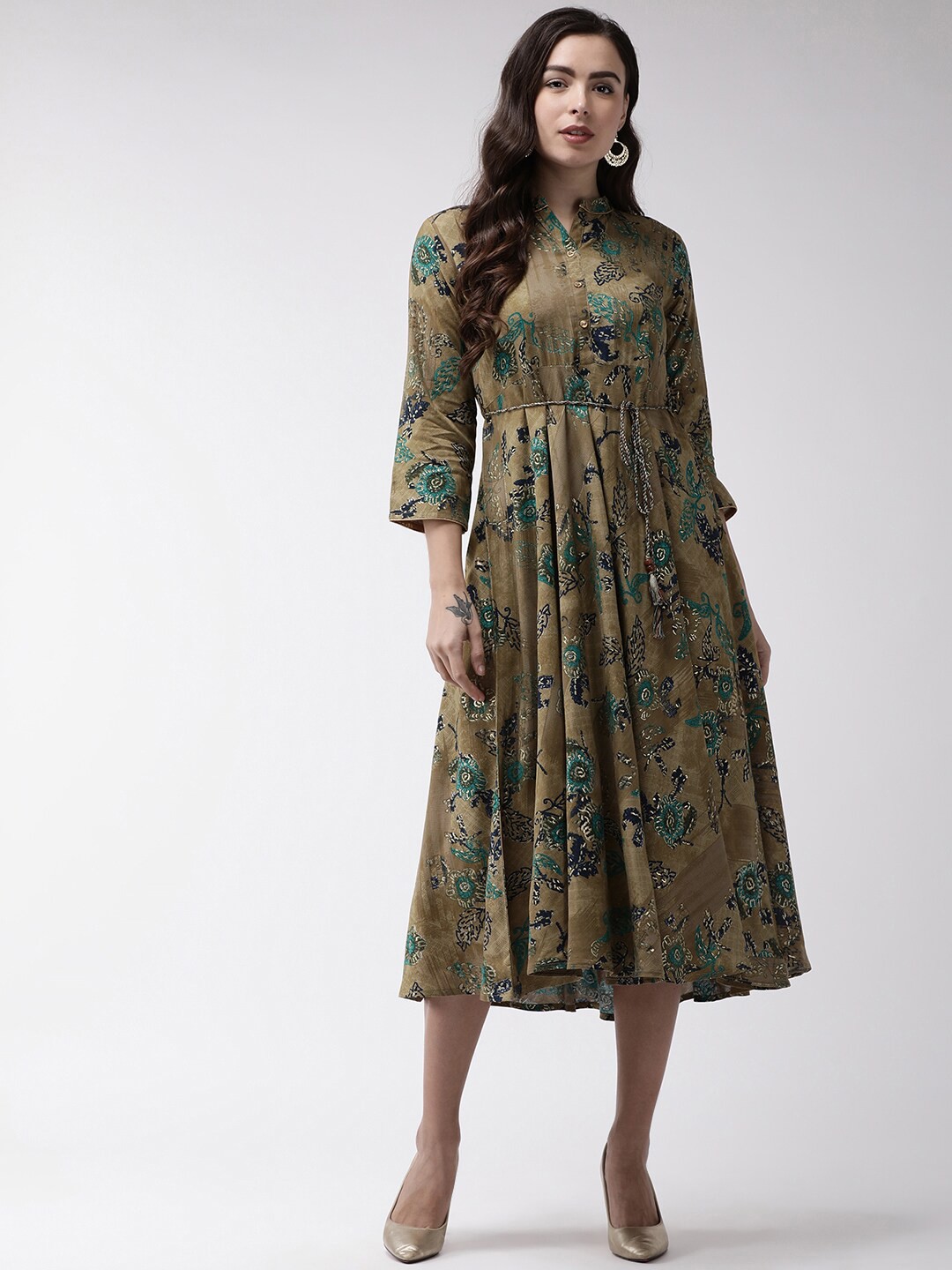 

all about you Mustard Brown & Green Floral Printed A-Line Midi Dress, Olive