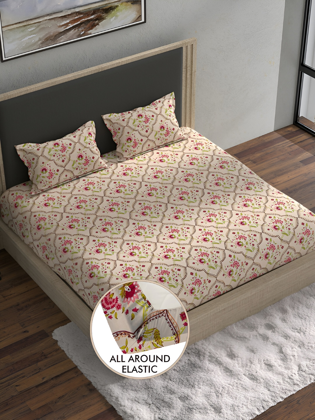 

BELLA CASA Stella Pink & White Floral Cotton 180 TC Fitted King Bedsheet &2 Pillow Covers
