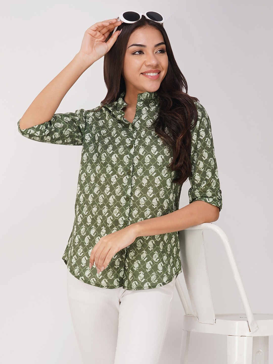 

KALINI Ethnic Motifs Print Mandarin Collar Cotton Shirt Style Top, Green