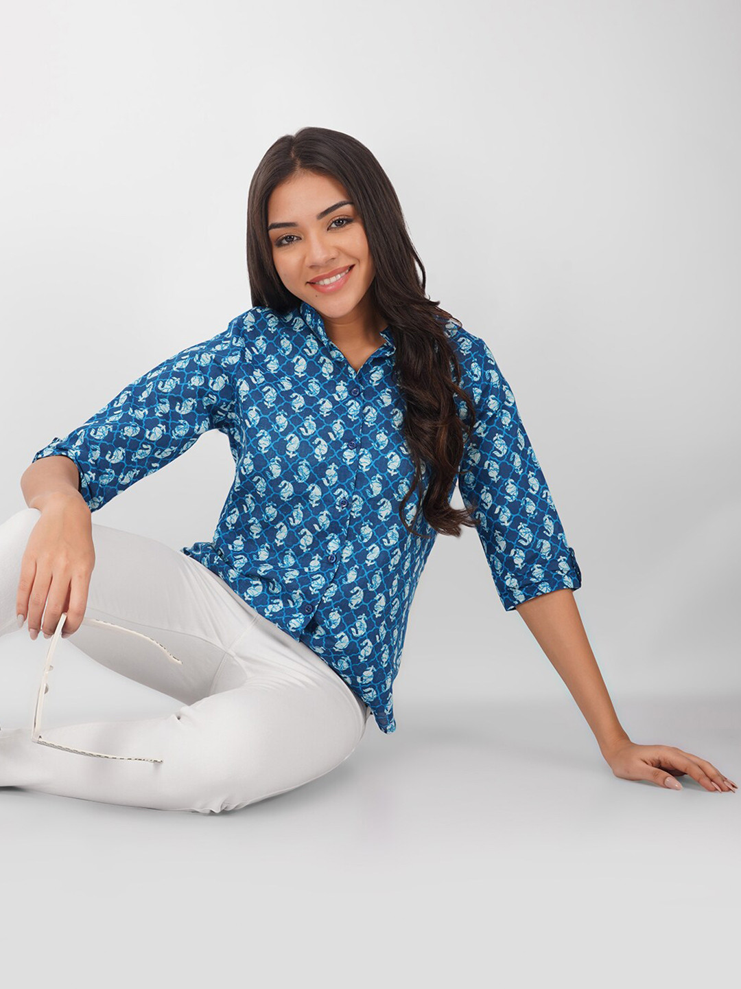 

KALINI Floral Print Mandarin Collar Roll-Up Sleeves Cotton Shirt Style Top, Blue