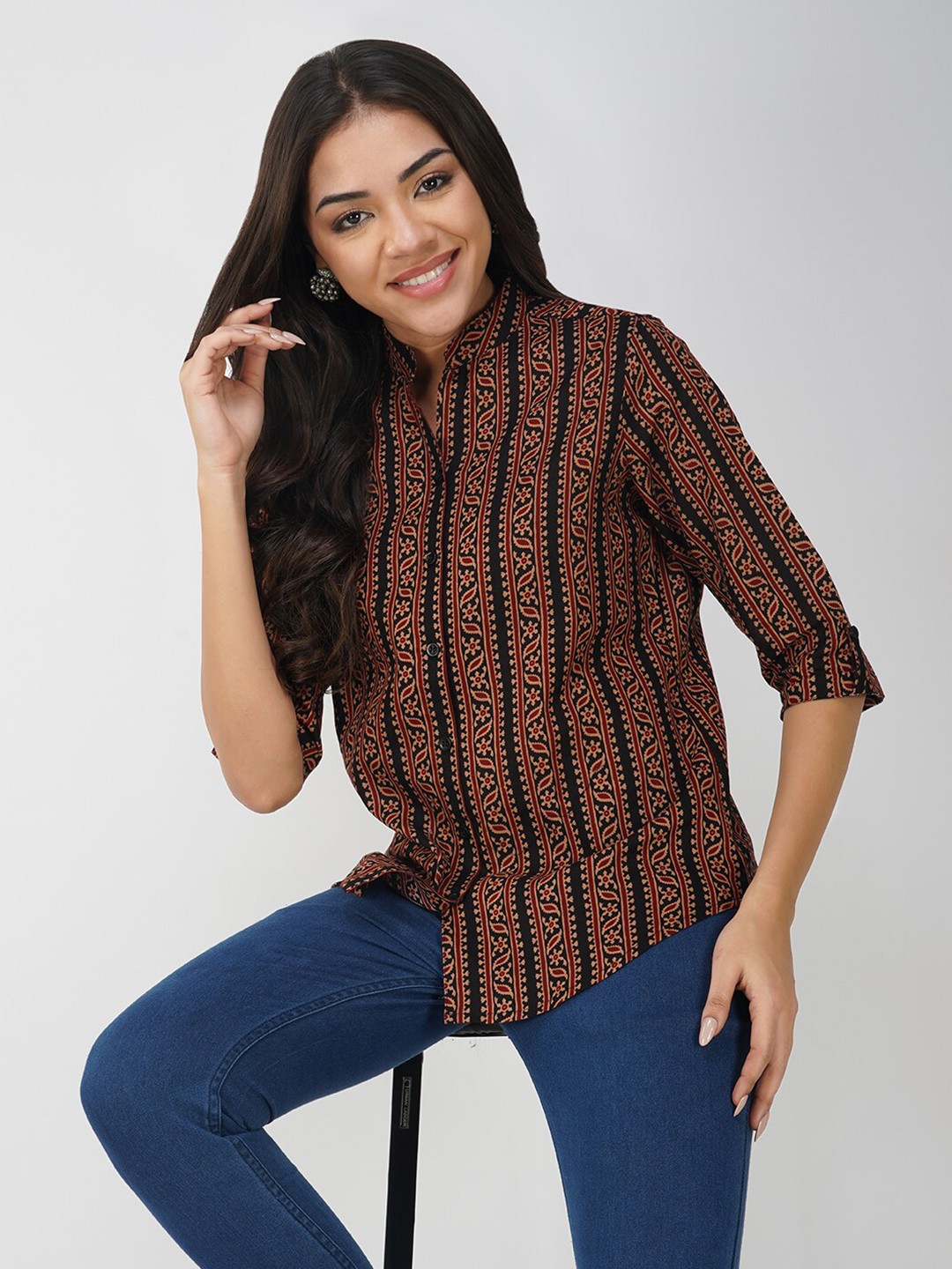 

KALINI Ethnic Motifs Print Mandarin Collar Cotton Shirt Style Top, Maroon