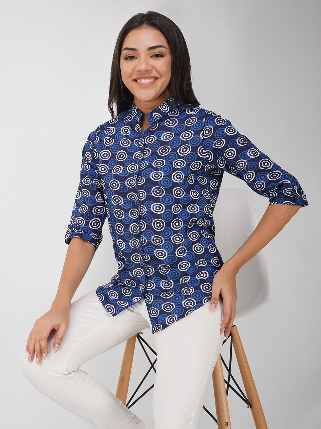

KALINI Geometric Printed Cotton Shirt Style Top, Blue