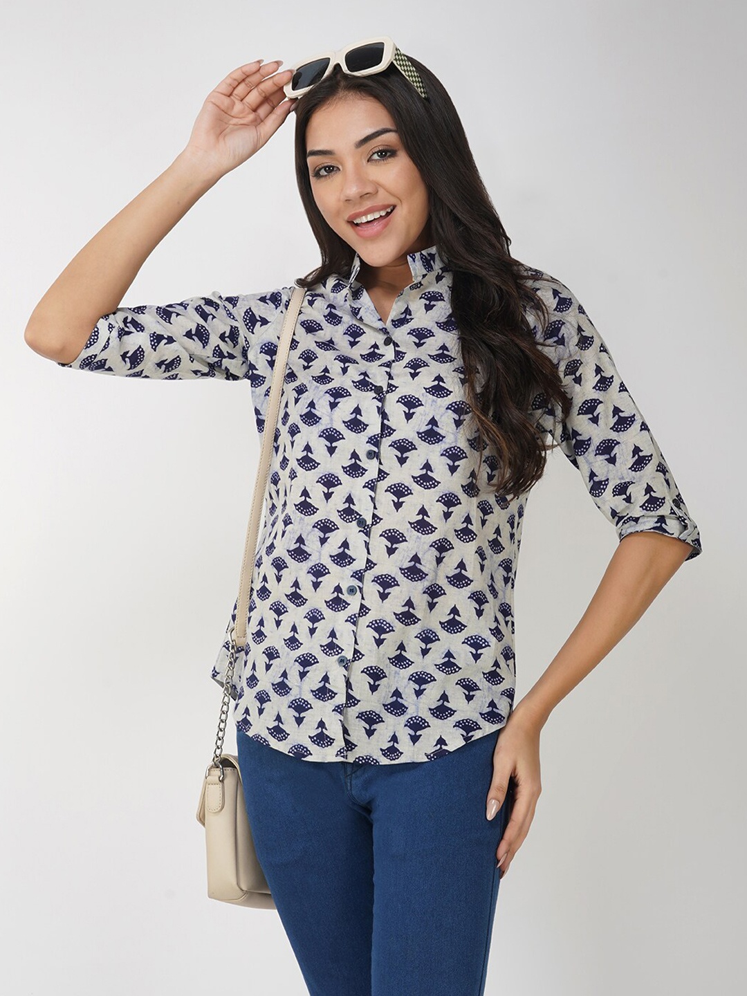 

KALINI Ethnic Motifs Print Mandarin Collar Cotton Shirt Style Top, Grey
